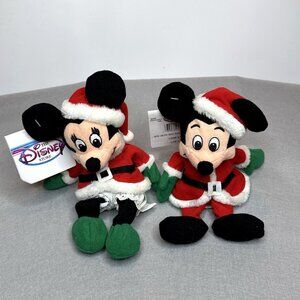 Santa Mickey Minnie Mouse The Disney Store Bean Bag Plush Stuffed Toy Set of 2